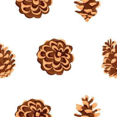 Beyaz arka planda çeşitli orman konileri ile kusursuz desen, ambalaj veya tekstil için