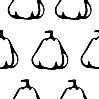 Beyaz arkaplanda kök ana hatlarıyla çizilmiş oval şekilli balkabaklarıyla kusursuz desen, ambalaj veya tekstil için