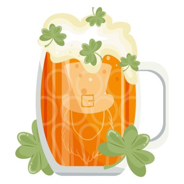 Buğday birası ve yonca yapraklı yuvarlak cam ikonu, Aziz Patrick Günü tasarımı.