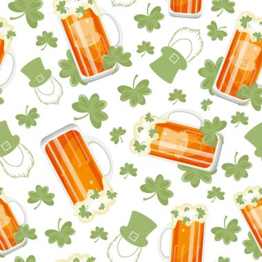 seamless pattern with rectangular glasses with leprechaun face print with wheat beer and shamrock leaves arranged randomly, design for st patrick's day clipart