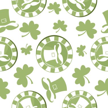 seamless pattern with leprechaun hat and green chips with hat prints arranged randomly, for holiday designs for St. Patrick's Day clipart