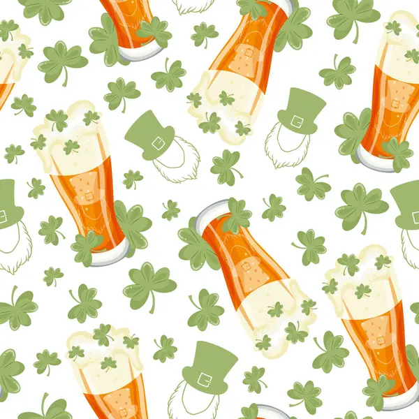 Buğday birası ve yonca yapraklı uzun gözlüklü kusursuz desen, Aziz Patrick Günü tasarımı.
