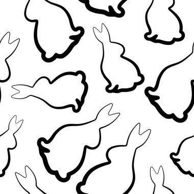 Paskalya tavşanının arka ayakları üzerinde oturduğu kusursuz bir desen ve çizimler için rastgele dizayn edilmiş sanat tarzıyla sağ tarafa döndü.