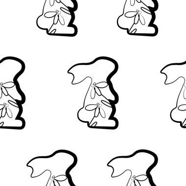 Paskalya tavşanının arka ayakları üzerinde durduğu kusursuz bir desen. Pençeleri ve papatya tomurcukları çizgi halinde, logolar ve çeşitli tasarımlar için sağa döndü.