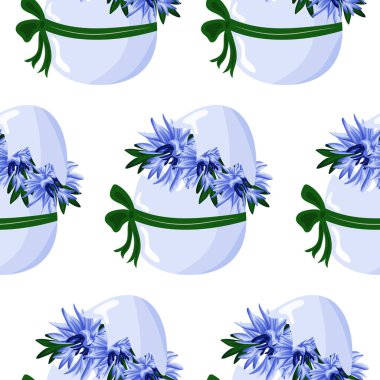 Easter seamless pattern with blue Easter egg and blue cornflowers with green ribbon, for poster, banner or packaging clipart