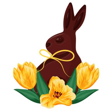 Paskalya Tavşanı 'nın ikonu sağa döndü. Boynunda pembe bir fiyonk ve sarı lale tomurcukları vardı. Paskalya süslemeleri için.