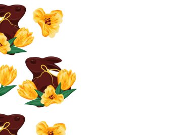 Paskalya süsleri için sarı lale tomurcukları ve sarı kurdelelerle arka ayaklarının üzerinde duran çikolatalı tavşan posterleri.