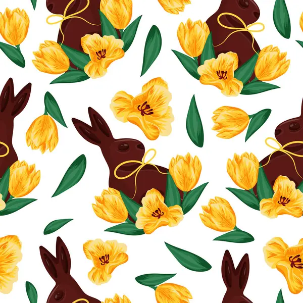 Paskalya tavşanları arka ayaklarının üzerinde otururken sarı laleler ve paskalya süsleri için rastgele dizilmiş sarı lalelerle yan yana duruyorlar.