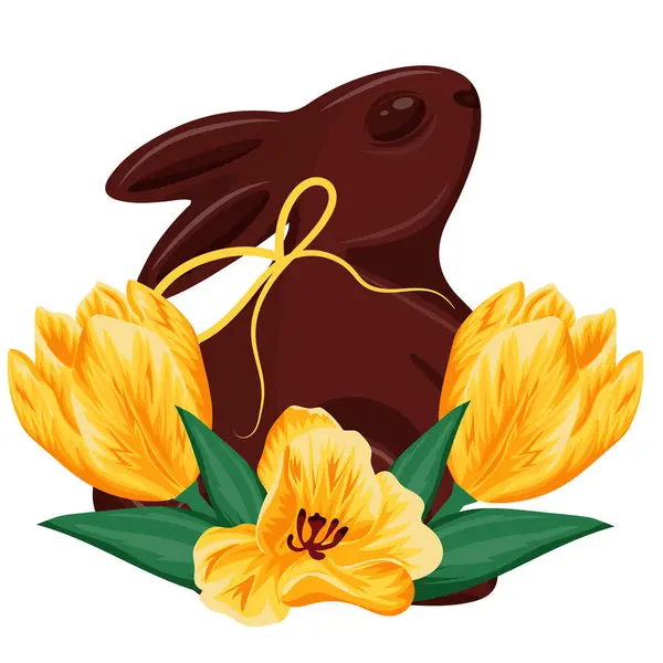 Paskalya süsleri için sarı bir fiyonk ve sarı lale tomurcuklarıyla arka ayakları üzerinde duran bir çikolatalı Paskalya tavşanı ikonu.
