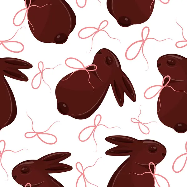 Paskalya süslemeleri için rastgele dizilmiş pembe kurdeleli çikolatalı Paskalya tavşanlarıyla kusursuz desenler.