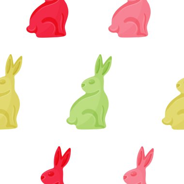 Değişik Paskalya dekorasyonları için kafaları sola dönük renkli jöleli tavşanlarla kusursuz Paskalya deseni.