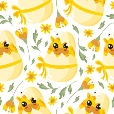 Renkli çiçeklerle dolu sarı bir yumurtanın içinde duran sarı bir zürafanın ikonlarıyla kusursuz desenler. Paskalya süslemeleri için tasarlanmış.