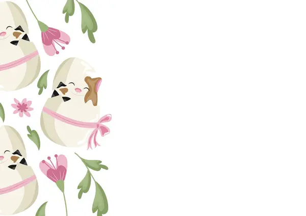 Beyaz bir yumurtanın içinde benekli kedi resmi ve renkli çiçekler. Paskalya süslemeleri için tasarlanmış.