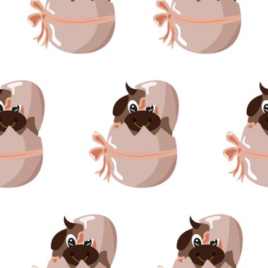 Kahverengi yumurta ve yay ile kahverengi boğa ikonu ile kusursuz desen, Paskalya süslemeleri için tasarım