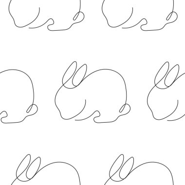 Pürüzsüz desenli, uzun kulaklı bir tavşan pençeleri üzerinde tek çizgilerle çizilmiş bir sanat tarzında oturuyor.