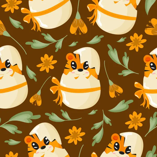 Turuncu bir yumurtanın içinde turuncu çiçekli bir yay ve Paskalya süslemeleri için tasarlanmış turuncu bir kaplan simgesi olan kusursuz bir desen.