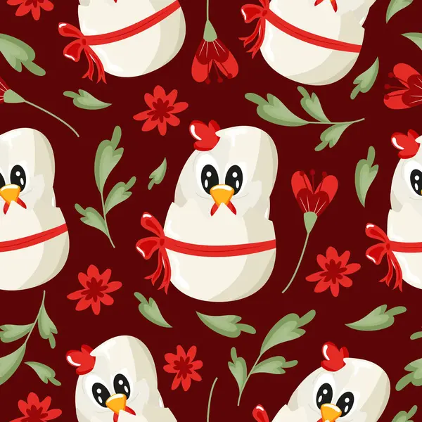 Beyaz bir yumurtanın içinde beyaz bir horozun kırmızı arka planda kırmızı çiçekleri olan beyaz bir horozun simgesi. Paskalya süslemeleri için tasarlanmış.