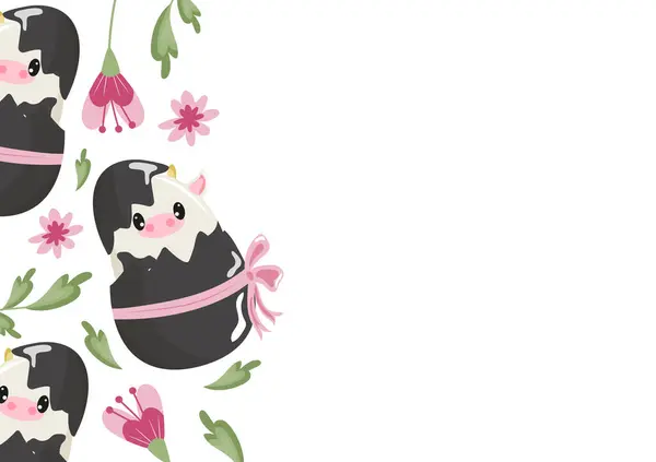 Üzerinde benekli inek simgesi olan bir poster siyah bir yumurta üzerinde oturan bir yay ve pembe çiçekler, Paskalya süslemeleri için tasarım