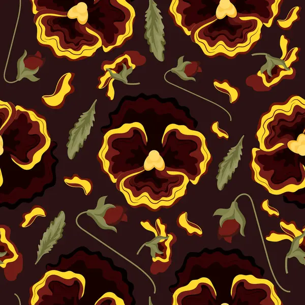 Sarı çiçekli kusursuz desen, yani sarı menekşeler ve çeşitli yapraklar, kahverengi arka planda çiçek tomurcukları, tekstil veya çeşitli ambalajlar için.