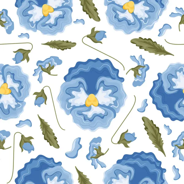Mavi çiçekli kusursuz desen, yani mavi menekşeler ve çeşitli yapraklar, çiçek tomurcukları, tekstil veya çeşitli ambalajlar için.