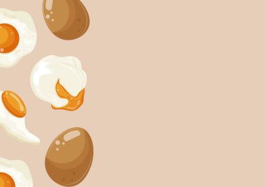 Çeşitli pişirilmiş tavuk yumurtaları, yani kızarmış, kaynatılmış ve kahverengi arka planda sıvı sarısı olan yumurtalar, reklam afişleri ve reklamlar için.