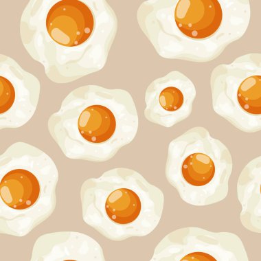 Kahverengi arka planda farklı renklerde, çeşitli tasarım ve tekstil ürünleri için sert sarısı olan kızarmış tavuk yumurtası simgeleriyle kusursuz bir desen.