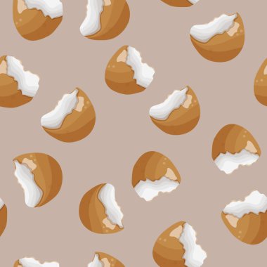 Kahverengi arka planda kahverengi yumurta kabuğu simgesi olan kusursuz desen, çeşitli besin tasarımları ve desenleri için