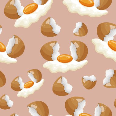 Kırık, dökülen tavuk yumurtasının simgeleriyle kusursuz desenler. Kahverengi arka planda bir yumurta sarısı, çeşitli tasarımlar için.