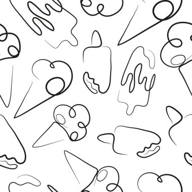 Sanat tarzında tek bir konturla çizilmiş çeşitli dondurmaların basit renkli simgelerinden oluşan kusursuz bir desen.