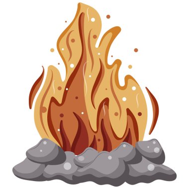 Etrafında alevler ve gri taşlar bulunan parlak bir kamp ateşinin ikonu, eğlence ve yürüyüş teması üzerine tasarımlar için.
