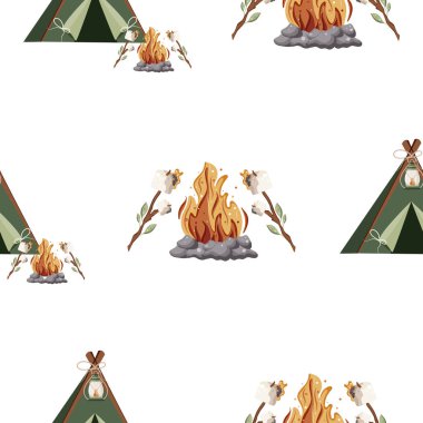 Rahatlamak için bir kamp çadırı ikonu ve yanında marşmelovların kızartıldığı parlak bir ateş olan desen.