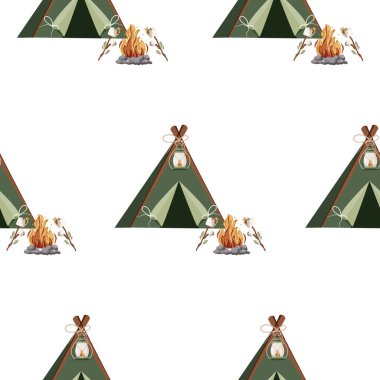 Yürüyüş ya da kamp için kapalı küçük bir çadırın ikonu ve çubuğun üzerinde parlak bir şenlik ateşi ve lokum olan bir desen.