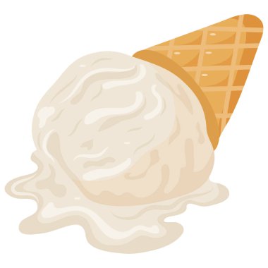 Çeşitli yaz tasarımları için bir top beyaz vanilyalı dondurmanın eridiği waffle bardağının simgesi.