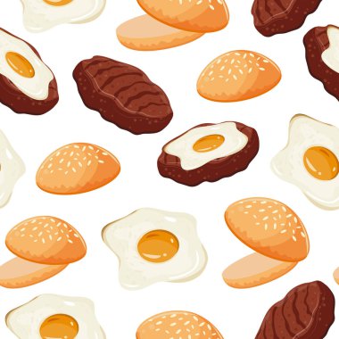 Hamburger ikonuyla kusursuz desenli, buğday ekmekli, etli börek ve köftede kızarmış tavuk yumurtası. Dünya Burger Günü için.