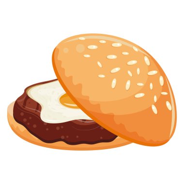 Hamburger ikonu, buğday ekmeği, köfte ve kızarmış tavuk yumurtası. Dünya Burger Günü için.