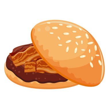 Hamburger ikonu, buğday ekmeği ve biftek köftesi ve kızarmış domuz pastırması, Dünya Burger Günü için.