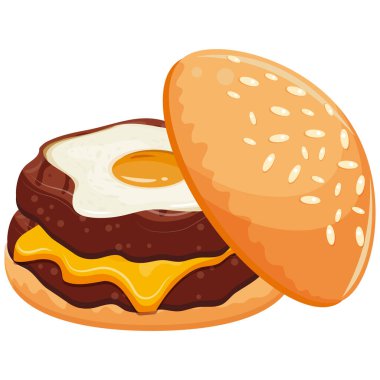 Buğday ekmekli ikon burger ve iki biftek köftesi ve kızarmış tavuk yumurtası ve erimiş peynir, Dünya Burger Günü için.