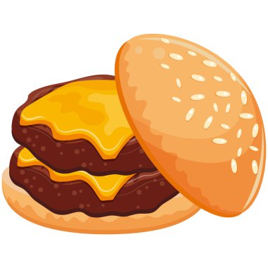 Hamburger ikonu, buğdaylı çörek ve iki köfte ve erimiş çedar peyniri, Dünya Burger Günü için.