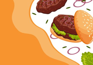Hamburger posteri, yani kızarmış köfteli hamburger, buğday ekmeği ve pastel kahverengi benekli mor soğan turşusu, Dünya Burger Günü için.