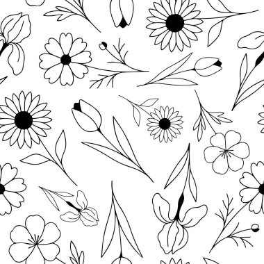 Basit çiçek tomurcuklarıyla kusursuz desenler farklı boyutlarda taç yaprakları ve çizgiler çizilmiş, logo ve dövmeler için.