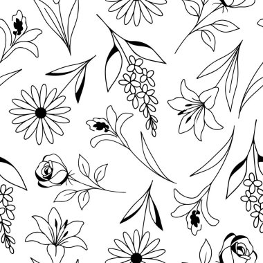 Çeşit çeşit çiçek ve dalların basit tomurcuklanmalarıyla kusursuz desen, logolar ve dövmeler için çeşitli çizgilerle çizilmiş.