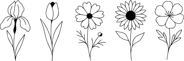 Değişik boyutlarda taç yaprakları olan, logolar ve dövmeler için çeşitli çizgiler çizilmiş basit çiçek tomurcukları seti.