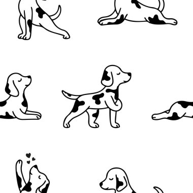 Çeşitli yoga pozları veren ve logolar veya çeşitli tasarımlar için meditasyon yapan köpekler.