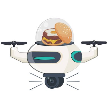 Bir kubbede kızarmış yumurta ve çizburgerli uçan bir robot kuryenin ikonu, modern teknolojileri uygulama kavramı.