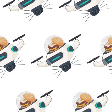 Bir kubbede kızarmış yumurta ve çizburgerle uçan robot kurye ikonu, modern teknolojileri uygulama kavramı.
