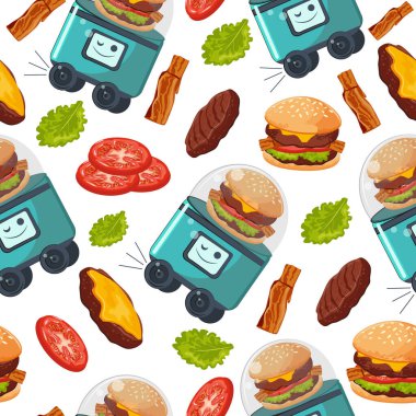 Saydam bir kubbede şeffaf bir hamburgerle tekerlekli otonom yemek dağıtım robotu ikonu olan kusursuz bir kalıp, modern teknolojilerin uygulanması kavramı.