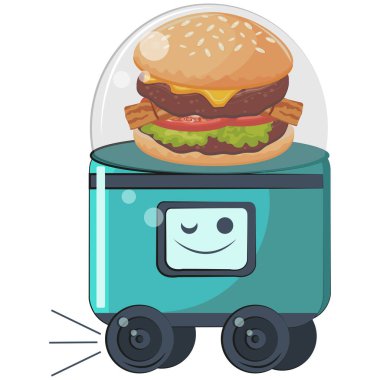 Şeffaf bir kubbede çizburgerli otonom yemek dağıtım robotunun simgesi. Modern teknolojileri uygulama kavramı.