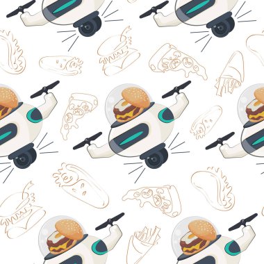 Çizburgerli ikon uçan robot kurye ve kubbe ve yiyeceğe kızarmış yumurta ile kusursuz desen, modern teknolojileri kullanma kavramı