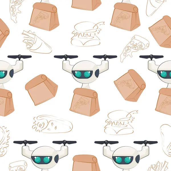 Kağıt pizza paketi ve yemek ikonları ile uçan İHA kurye ikonu ile kusursuz desen, modern teknolojileri kullanma kavramı