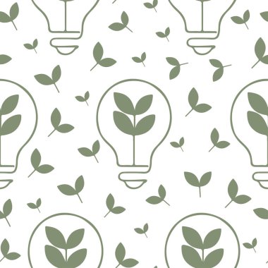 Yeşil yapraklı iş lambası ikonu ile kusursuz desen, ekolojik fikirler, iş ve ekolojiyi birleştirme anlamına gelir